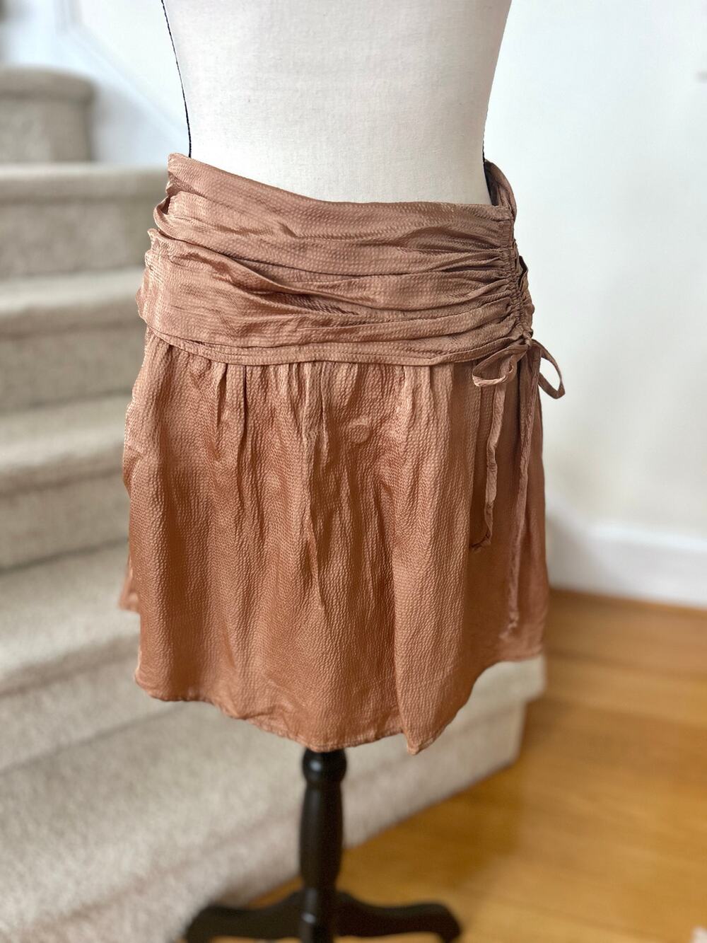 NWT Aerie Light Brown Satin Ruched Tie Mini Skirt Whimsygoth Y2K Coquette
